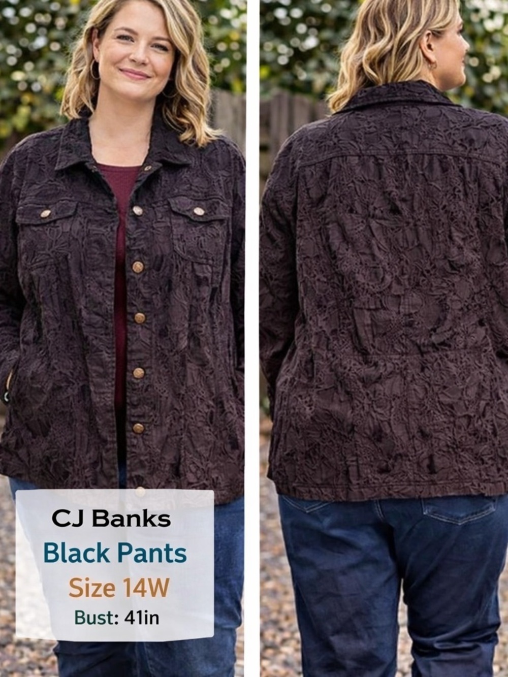 CJ. BANKS Black Jacket with lace floral over coat size 14W bust 41in